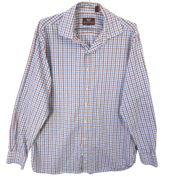 Hickey Freeman Shirt Mens L Blue Brown Plaid Cotton Linen Blend Button Up Casual - Picture 1 of 6